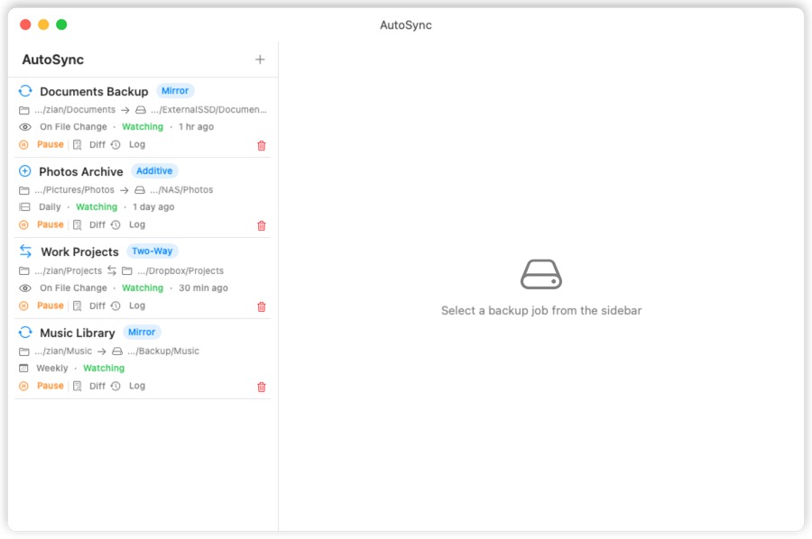 AutoSync folder synchronization window