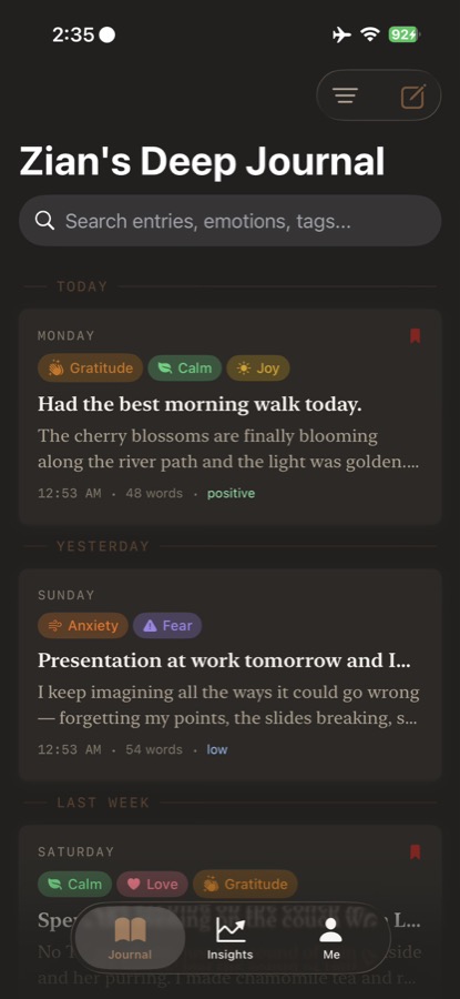 Zian's Deep Journal entry timeline